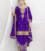 Purple chinon embroidered zari & sequins palazzo  readymade suit set