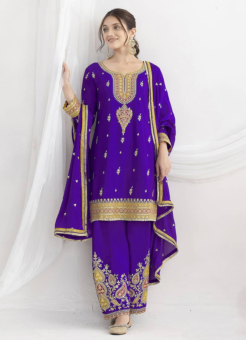 Purple chinon embroidered zari & sequins palazzo  readymade suit set