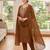Women floral yoke embroidered brown kurta set with trousers & scalloped dupatta