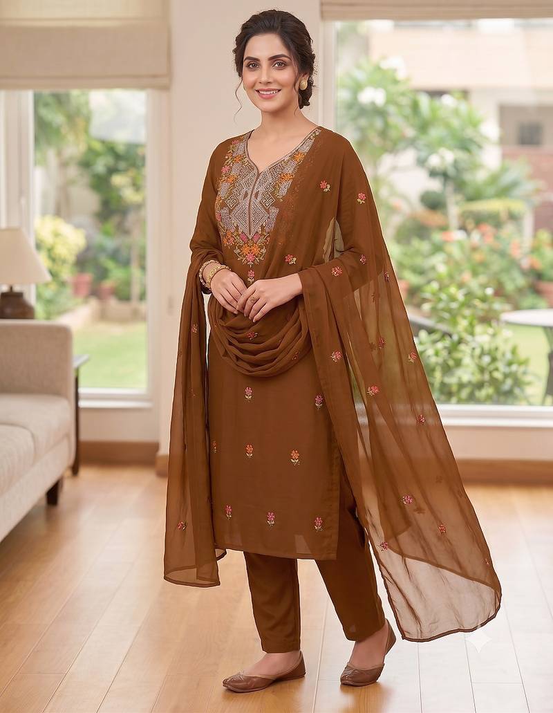 Women floral yoke embroidered brown kurta set with trousers & scalloped dupatta