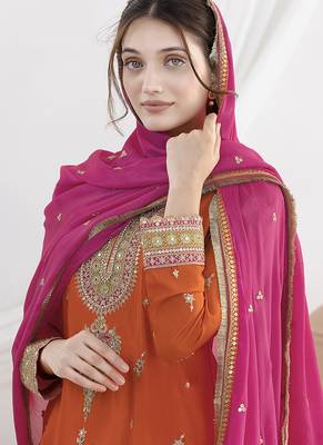 Orange chinon embroidered zari & sequins palazzo  readymade suit set 2