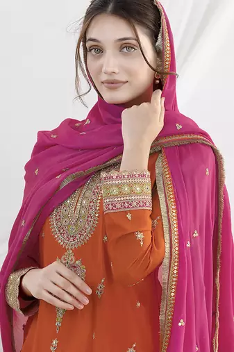Orange chinon embroidered zari & sequins palazzo  readymade suit set
