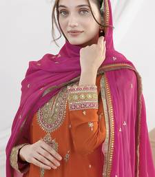 Orange chinon embroidered zari & sequins palazzo  readymade suit set