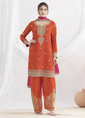 Orange chinon embroidered zari & sequins palazzo  readymade suit set 1