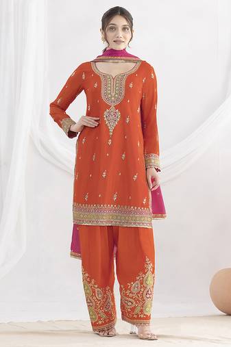 Orange chinon embroidered zari & sequins palazzo  readymade suit set