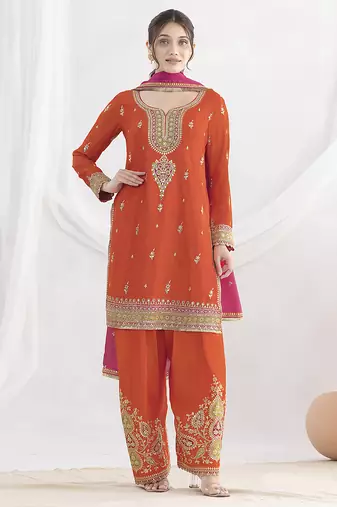 Orange chinon embroidered zari & sequins palazzo  readymade suit set