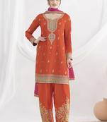 Orange chinon embroidered zari & sequins palazzo  readymade suit set