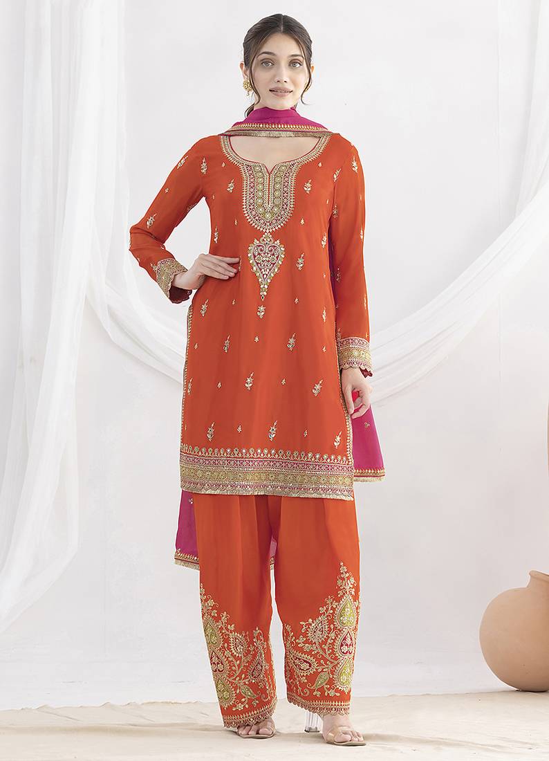 Orange chinon embroidered zari & sequins palazzo  readymade suit set