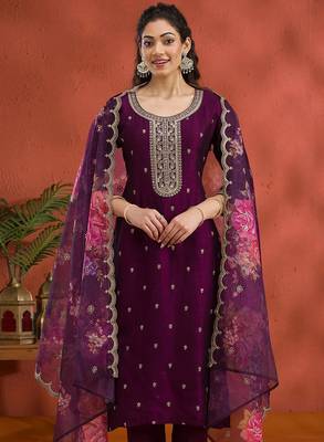Vichitra silk embroidered work readymade straight suit in wine 2