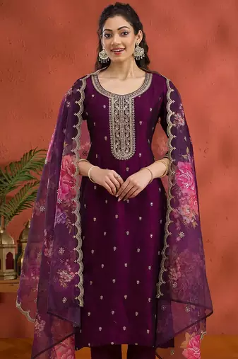 Vichitra silk embroidered work readymade straight suit in wine
