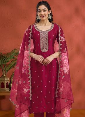 Vichitra silk embroidered work readymade straight suit in rani pink 1