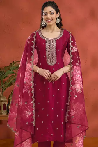 Vichitra silk embroidered work readymade straight suit in rani pink