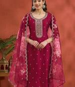 Vichitra silk embroidered work readymade straight suit in rani pink