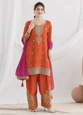 Orange chinon embroidered zari & sequins palazzo  readymade suit set 3