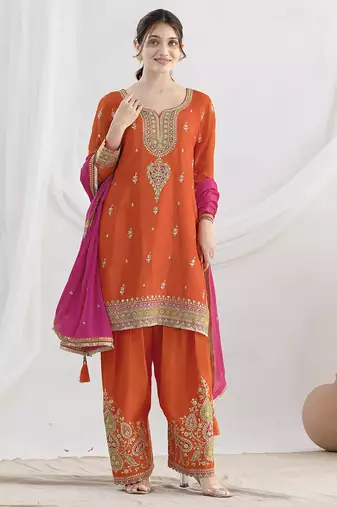 Orange chinon embroidered zari & sequins palazzo  readymade suit set