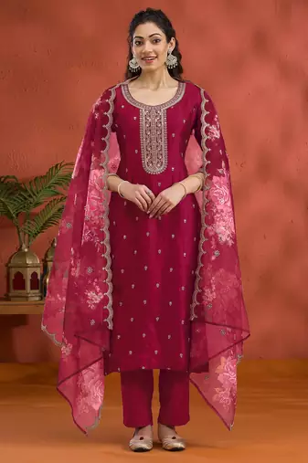 Vichitra silk embroidered work readymade straight suit in rani pink