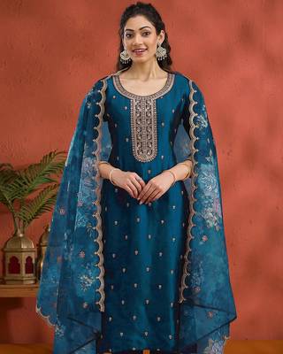 Vichitra silk embroidered work readymade straight suit in morpeach 1
