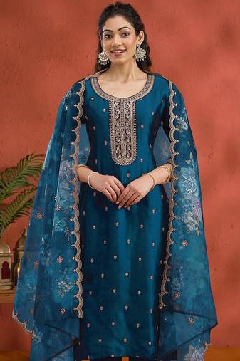Vichitra silk embroidered work readymade straight suit in morpeach