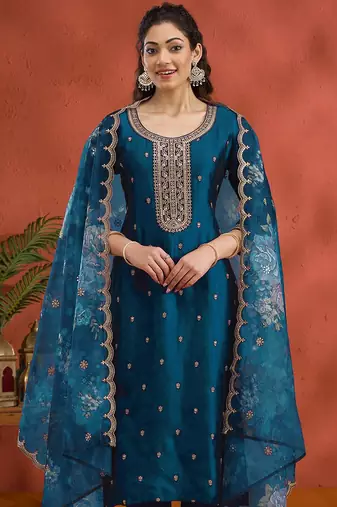 Vichitra silk embroidered work readymade straight suit in morpeach