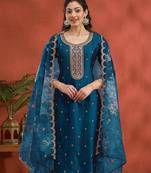 Vichitra silk embroidered work readymade straight suit in morpeach