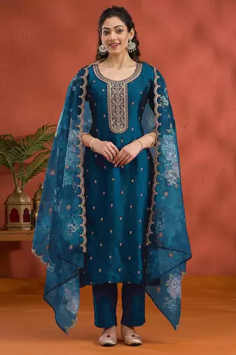 Vichitra silk embroidered work readymade straight suit in morpeach