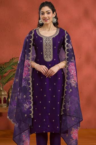 Vichitra silk embroidered work readymade straight suit in purple