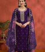 Vichitra silk embroidered work readymade straight suit in purple