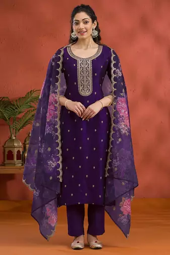 Vichitra silk embroidered work readymade straight suit in purple