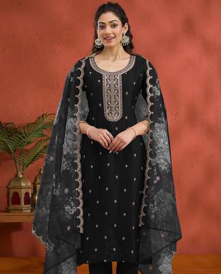 Vichitra silk embroidered work readymade straight suit in black 1