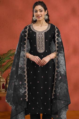 Vichitra silk embroidered work readymade straight suit in black