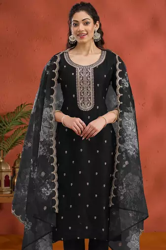 Vichitra silk embroidered work readymade straight suit in black
