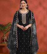 Vichitra silk embroidered work readymade straight suit in black