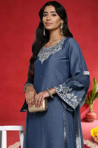 Women Floral Embroidered Sequinned Kurta with Trousers & Dupatta