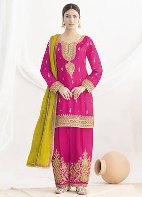 Rani pink chinon embroidered zari & sequins palazzo  readymade suit set 1