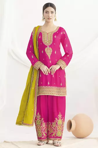 Rani pink chinon embroidered zari & sequins palazzo  readymade suit set