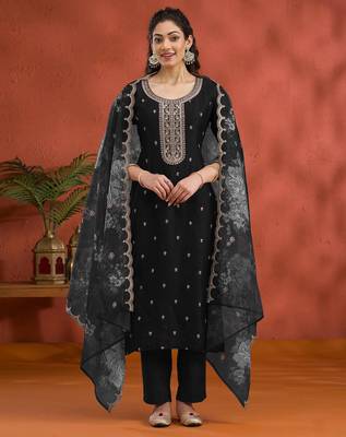 Vichitra silk embroidered work readymade straight suit in black 2