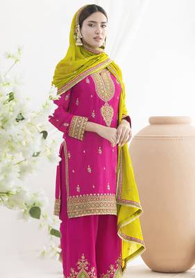 Rani pink chinon embroidered zari & sequins palazzo  readymade suit set 2