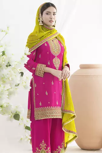 Rani pink chinon embroidered zari & sequins palazzo  readymade suit set