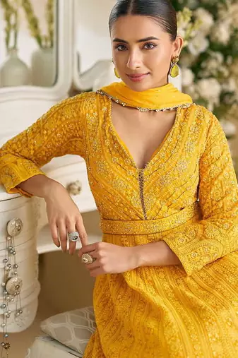 Yellow chikankari embroidered faux georgette readymade suit