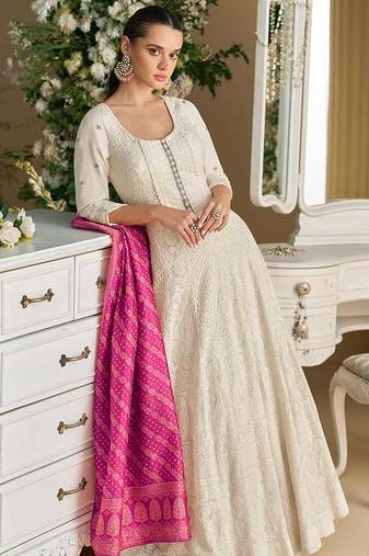 Off white chikankari embroidered faux georgette readymade suit