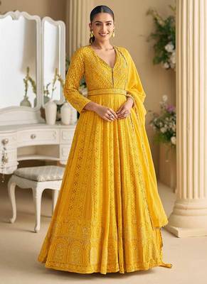 Yellow chikankari embroidered faux georgette readymade suit 1