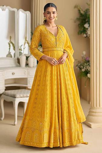 Yellow chikankari embroidered faux georgette readymade suit