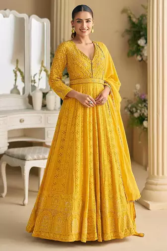 Yellow chikankari embroidered faux georgette readymade suit
