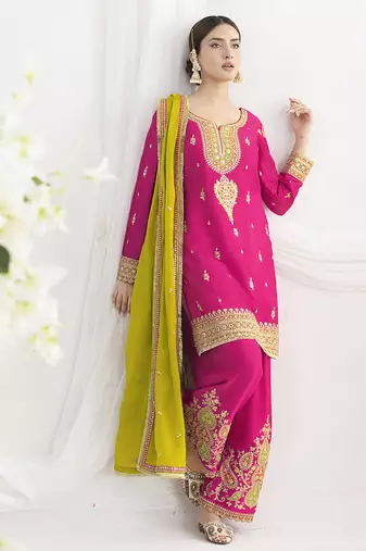 Rani pink chinon embroidered zari & sequins palazzo  readymade suit set
