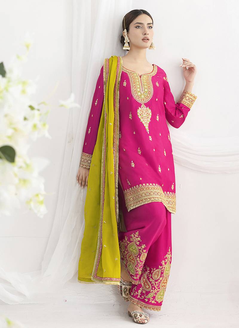 Rani pink chinon embroidered zari & sequins palazzo  readymade suit set