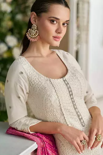Off white chikankari embroidered faux georgette readymade suit
