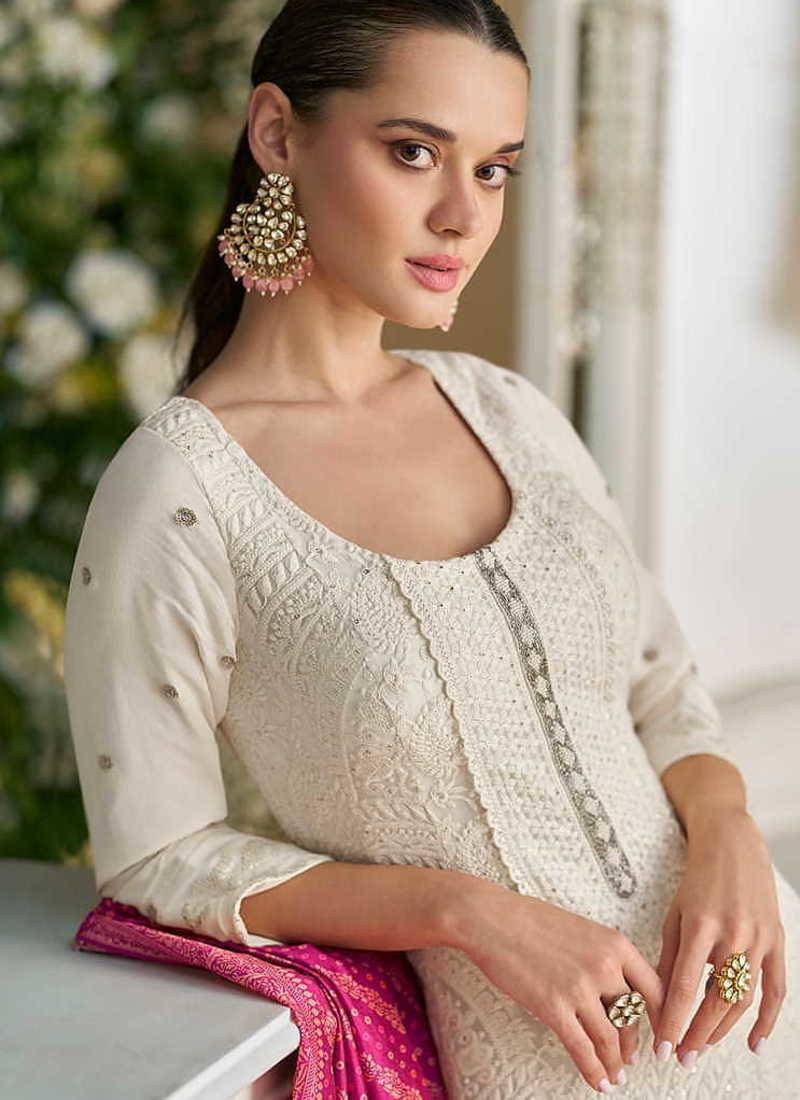 Off white chikankari embroidered faux georgette readymade suit