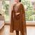 Women floral yoke embroidered brown kurta set with trousers & scalloped dupatta