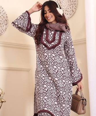 Coffee Brown Floral Printed Notch Neck Flared Sleeves Straight Kurta With Trousers 2