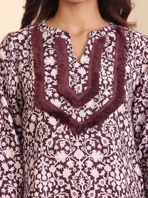 Coffee Brown Floral Printed Notch Neck Flared Sleeves Straight Kurta With Trousers 3